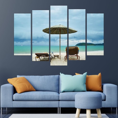 Шезлонг и чадър на плажа - картина пано за стена - 3