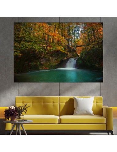 Водопад и есен в гората - картина пано за стена - 1
