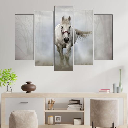 Бял кон в мъглата - картина пано за стена - 3