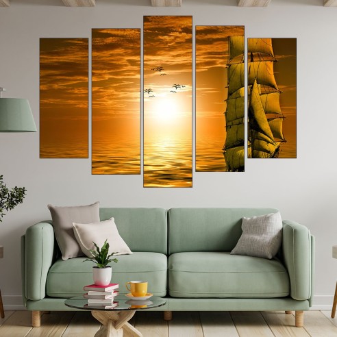 Кораб и залез в океана - картина пано за стена - 3