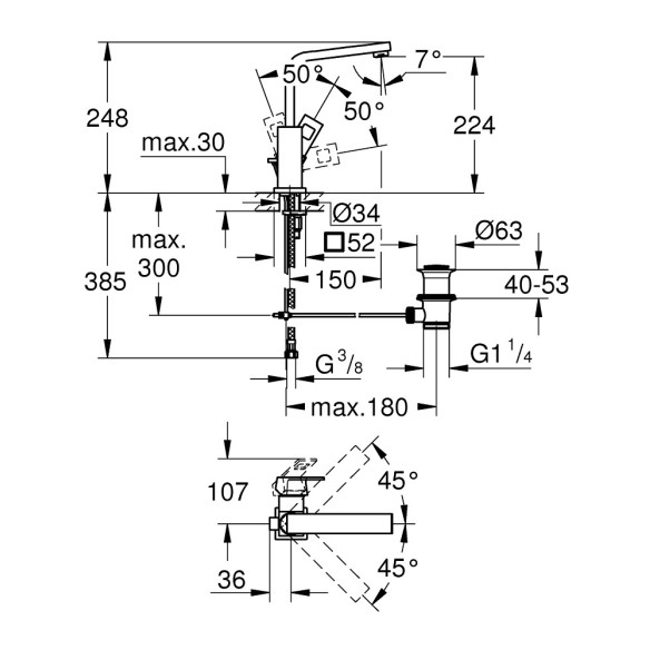 Grohe eurocube едноръкохватков смесител за умивалник 1/2″ l-размер - 2