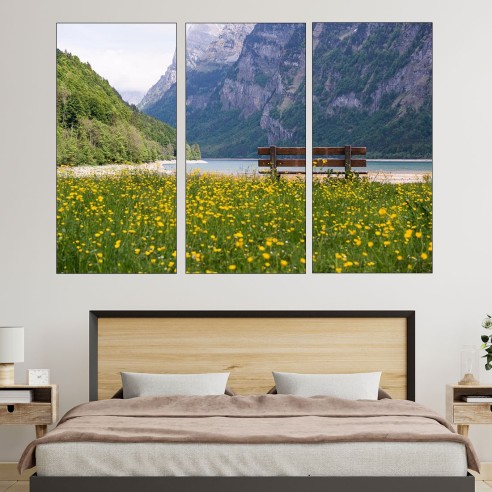 Езеро и поляна в Алпите - картина пано за стена - 2