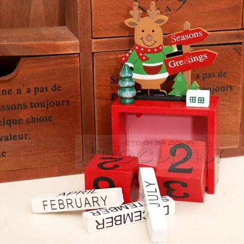 Коледен календар с еленче, дървен, червен - 2