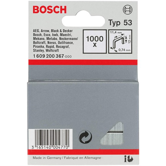 Скоби за такер от фина тел Тип 53 - 11.4x0.74x12 мм - BOSCH - 3