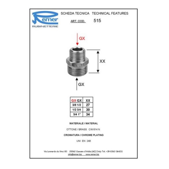 Редуктивен нипел 1/2"х3/8" усилен тип REMER - 2