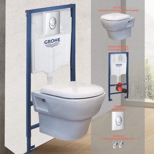 Структура за вграждане 3в1 с овален бутон Rapid SL GROHE + тоалетна чиния