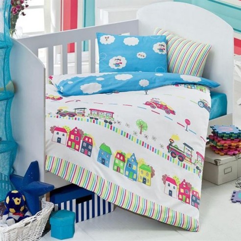 Спален комплект за бебе 4 части 100% памук Влакче ZAMBAK ➤ топ цена ➤ dshome.bg