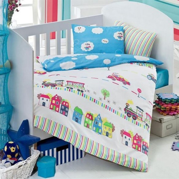 Спален комплект за бебе 4 части 100% памук Влакче ZAMBAK ➤ топ цена ➤ dshome.bg