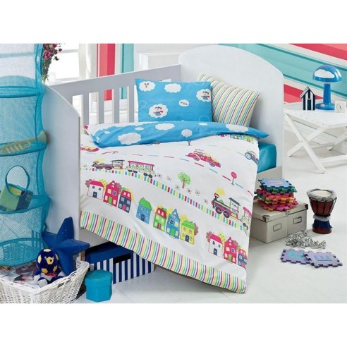 Спален комплект за бебе 4 части 100% памук Влакче ZAMBAK ➤ топ цена ➤ dshome.bg