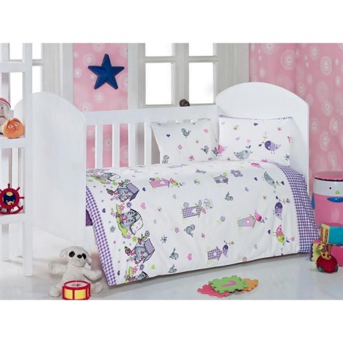 Спален комплект за бебе 4 части 100% памук Къщички ZAMBAK ➤ топ цена ➤ dshome.bg