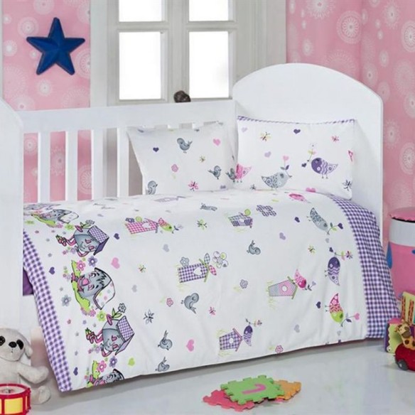 Спален комплект за бебе 4 части 100% памук Къщички ZAMBAK ➤ топ цена ➤ dshome.bg