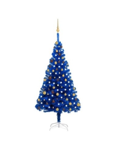 Изкуствена коледна елха с LED и комплект топки синя 180 см PVC