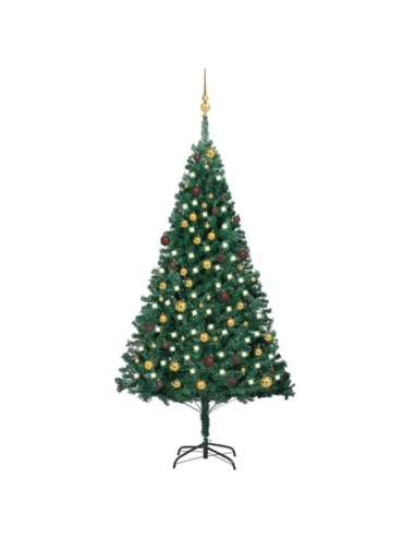 Изкуствена коледна елха с LED и топки зелена 210 см PVC
