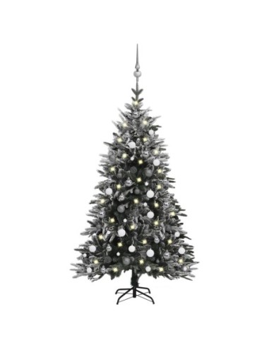 Изкуствена елха с LED, топки и флокиран сняг, 150 см, PVC и PE