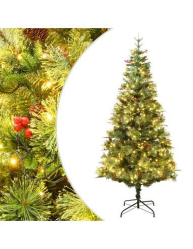 Коледна елха с LED и шишарки, зелена, 225 см, PVC и PE