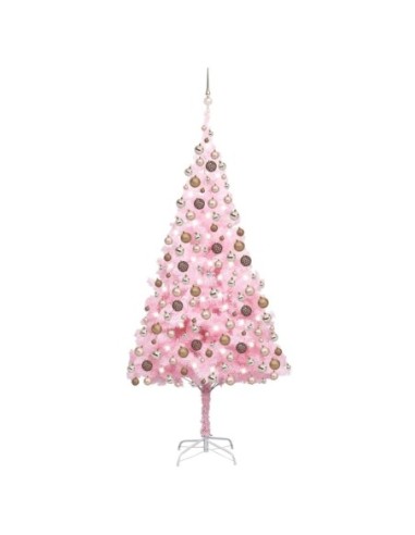 Изкуствена коледна елха с LED и топки, розова, 210 см, PVC