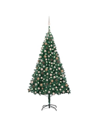 Изкуствена коледна елха с LED и топки зелена 210 см PVC