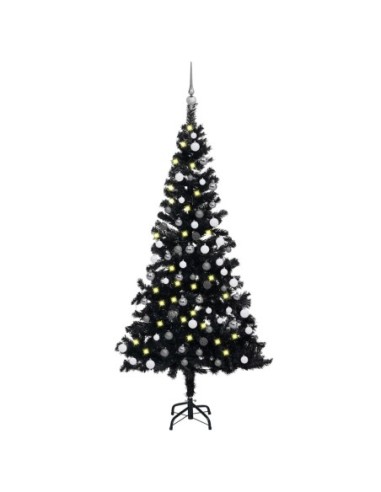 Изкуствена коледна елха с LED и комплект топки черна 150 см PVC