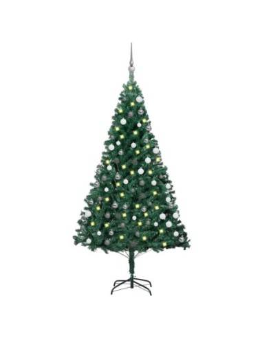 Изкуствена коледна елха с LED и топки зелена 150 см PVC