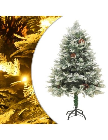 Коледна елха с LED и шишарки, зелена, 150 см, PVC и PE