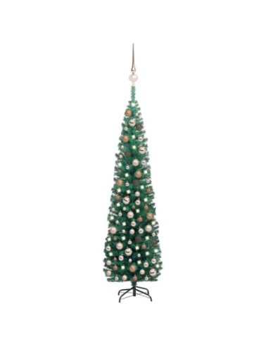 Тънка изкуствена коледна елха с LED и топки, зелена, 240 см