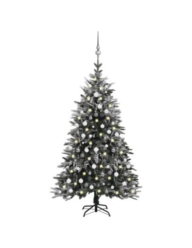 Изкуствена елха с LED, топки и флокиран сняг, 210 см, PVC и PE