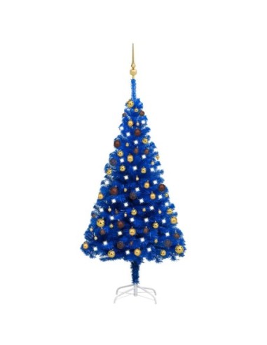 Изкуствена коледна елха с LED и комплект топки синя 150 см PVC