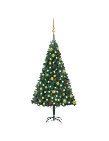 Изкуствена коледна елха с LED и топки зелена 120 см PVC