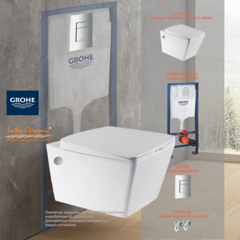 Структура за вграждане Rapid SL GROHE с квадратен бутон + тоалетна чиния ICC 3534