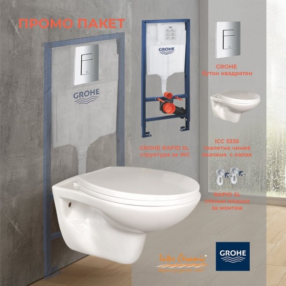 Промо пакет: Структура за вграждане GROHE + бутон + тоалетна чиния ICC 5335 RIMLESS ➤ топ цена ➤ dshome.bg