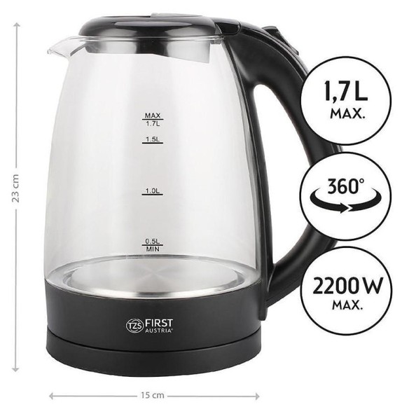 Стъклена електрическа кана 1.7 л 2200 W FA-5404-1-BA FIRST ➤ топ цена ➤ dshome.bg