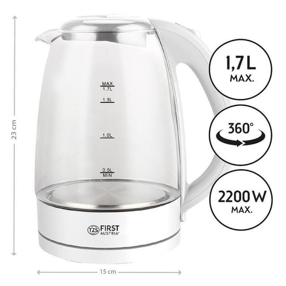 Стъклена електрическа кана 1.7 л 2200 W FA-5404-1-WI FIRST ➤ топ цена ➤ dshome.bg