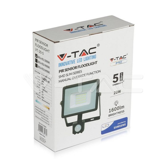 LED Прожектор + Сензор черен 20W 6000K - V-TAC - 3