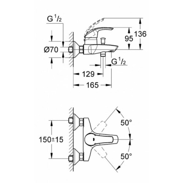 Стенен смесител за вана/душ Eurosmart 33300001 GROHE ➤ топ цена ➤ dshome.bg