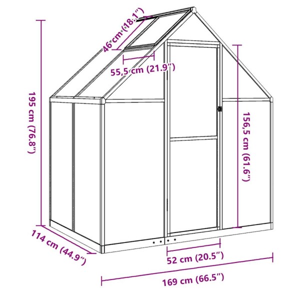 Оранжерия с основа рамка зелен 169x114x195 см алуминий