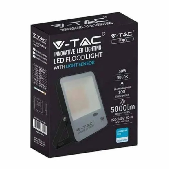 LED прожектор със светлинен сензор 50 W Samsung чип V-TAC ➤ топ цена ➤ dshome.bg