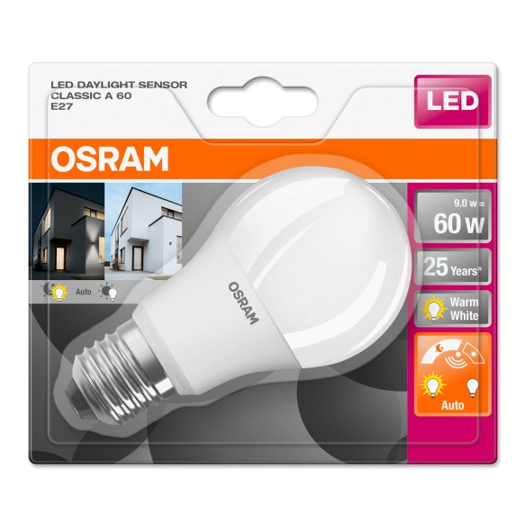 LED крушка OSRAM със сензор за осветеност, 9W, 806lm, 2700K, E27