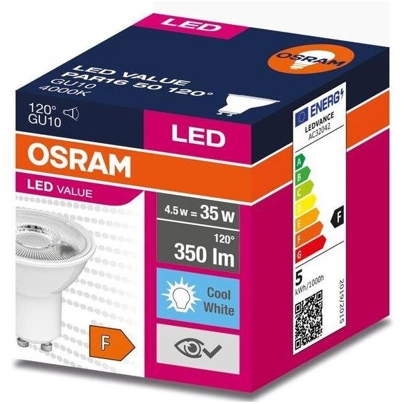 LED крушка OSRAM PAR16 4,5W, 120°, 350lm, 230V, 4000K, GU10