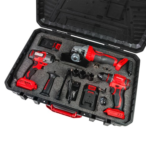 Комплект бормашина, ъглошлайф, гайковерт и консумативи R20 RAIDER ➤ топ цена ➤ dshome.bg