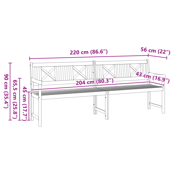 Градинска пейка 220x56x90 см от масивно дърво акация