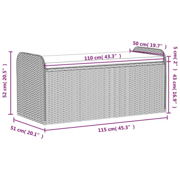 Пейка за съхранение с възглавница сива 115x51x52 см полиратан