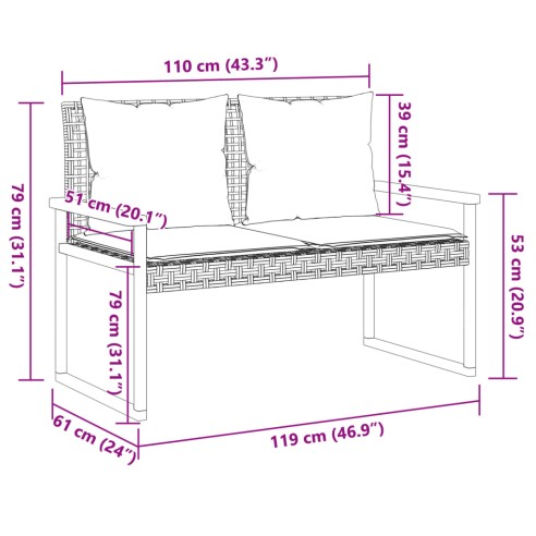 Градинска пейка с възглавница черен полиратан и акация дърво