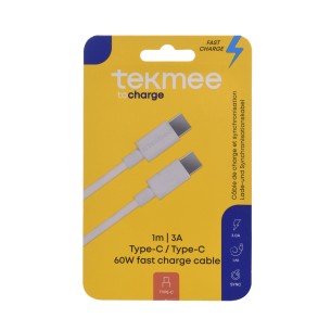 Кабел за зареждане Type-C / Type-C бял TEKMEE