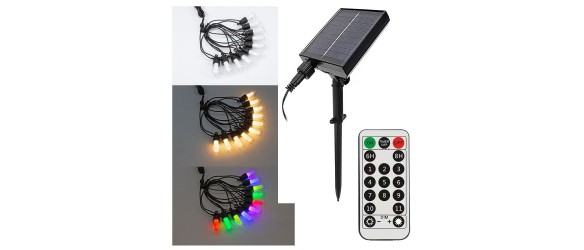Соларна LED верига с 10 лампи и дистанционно 8 м RGB+W FIESTA VIVALUX