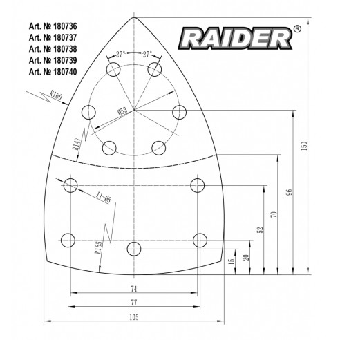 Шкурка за мултишлайф 15x15x10 см 11 отвора 10 бр. RAIDER