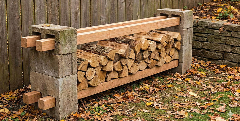 Лесен направи си сам стелаж за дърва с бетонни блокчета и дървени греди в двора