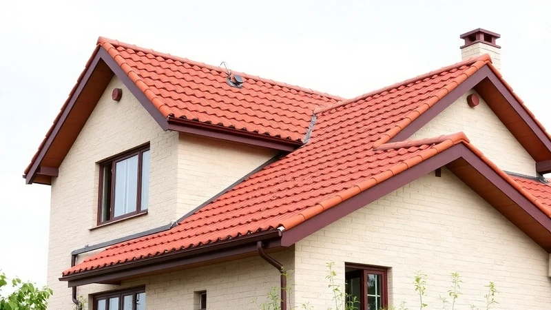 Модерна къща с двускатен покрив, покрит с висококачествени керемиди в класически керемиденочервен цвят.