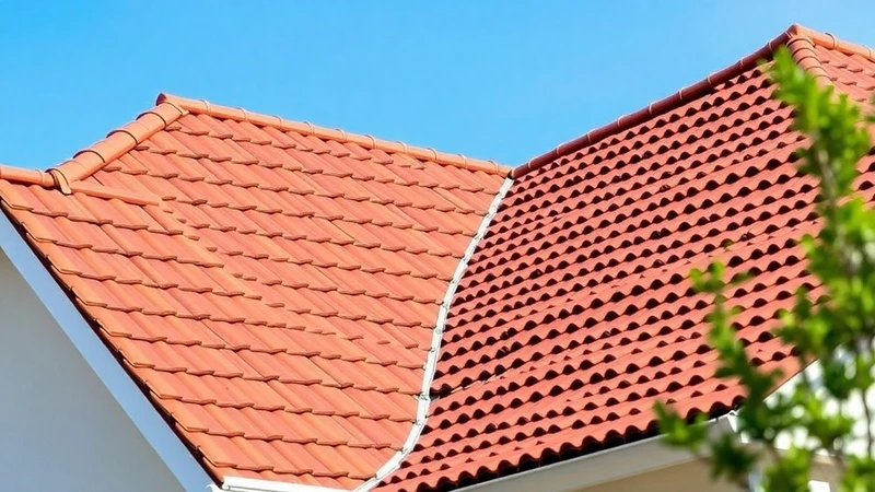 Сравнение между два различни стила на редене на керемиди върху един и същ покрив под ярко слънце.