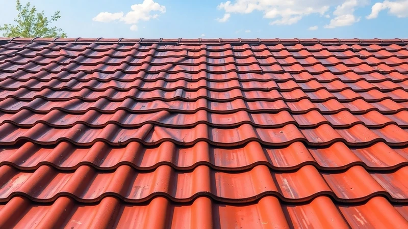 Близък план на перфектно подредени вълнообразни керемиди под ясно синьо небе.