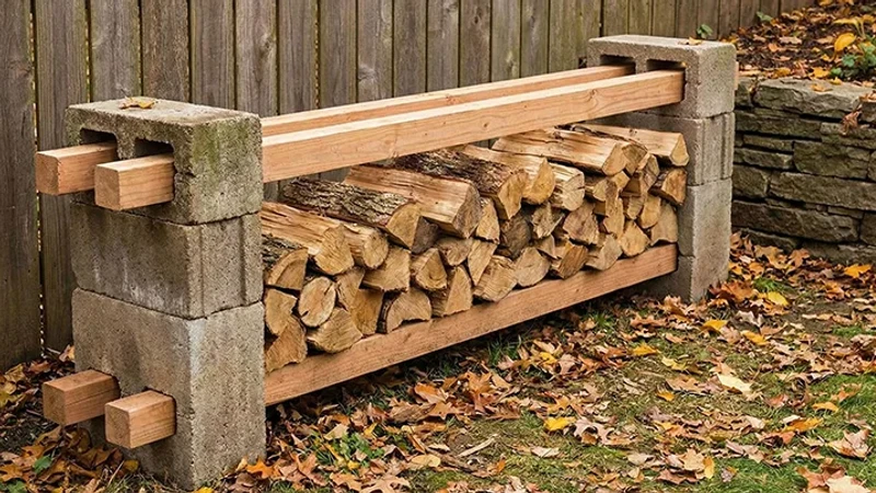 Лесен направи си сам стелаж за дърва с бетонни блокчета и дървени греди в двора